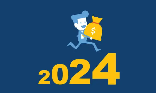 Vector illustration of Businessman carrying money bag to 2024