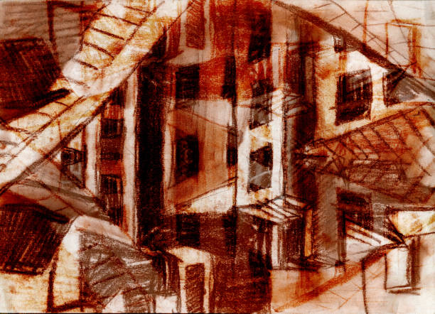 istock Mystical tangled anthill city. Post-apocalypse. Drawing illustration for background. Pencil, sanguine, tinted paper. 1902330706