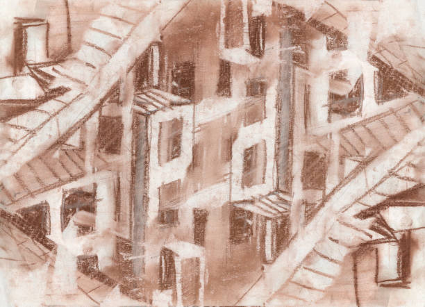 istock Mystical tangled anthill city. Post-apocalypse. Drawing illustration for background. Pencil, sanguine, tinted paper. 1902330707