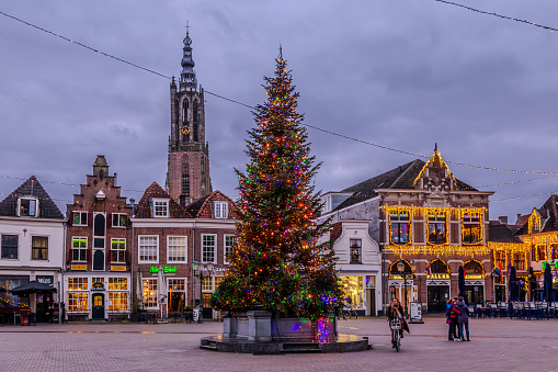 Amersfoort, Netherlands: December 28th, 2023: Amersfoort Center at Christmas and golden hour, Netherlands Town Skyline