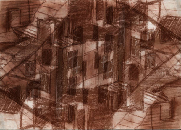 istock Mystical tangled anthill city. Post-apocalypse. Drawing illustration for background. Pencil, sanguine, tinted paper. 1902331833