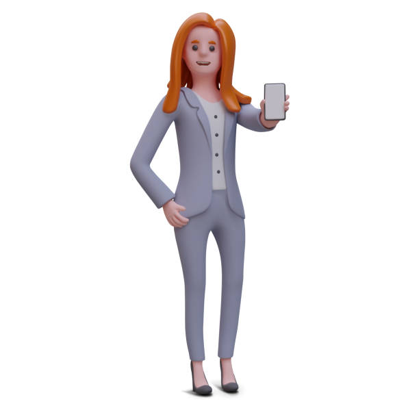 istock Female character shows smartphone with blank screen. Mockup for advertising phone application 1902333967