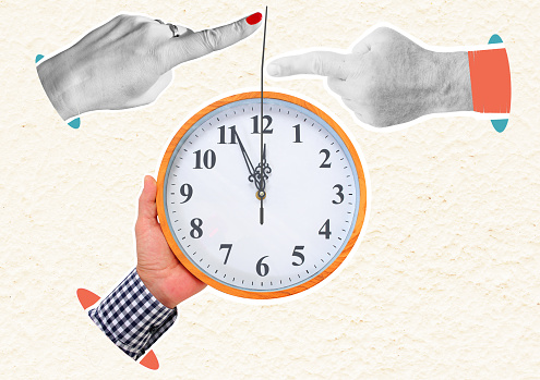 Time's Manipulation. Man's hand trying to frantically hold back clock hand while Woman's finger playfully presses on it hastening events. Collage offers no definitive interpretation, allowing viewers to project their own meanings and emotions onto it