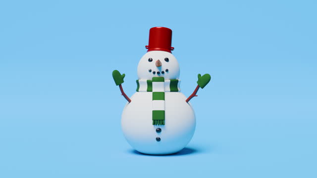 Snowman wearing pot as a hat, scarf and gloves waving at viewer showing from left and disappearing on the right