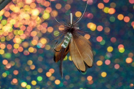 fly for fishing on a background of colored bokeh lights