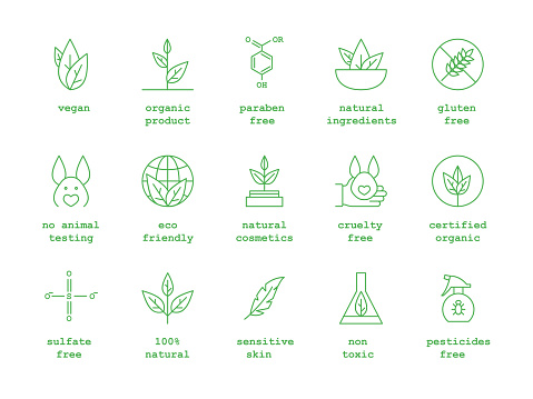 Organic Cosmetic Sign Color Thin Line Icon Set Include of Cruelty, Paraben and Gluten Free. Vector illustration of Icons