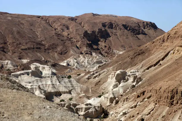 Structure of sandy mountains . Where the Dead Sea rolls have been found, Qumran, Israel