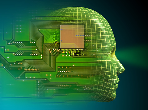 Wireframe head and printed circuit. Digital illustration, 3D render.