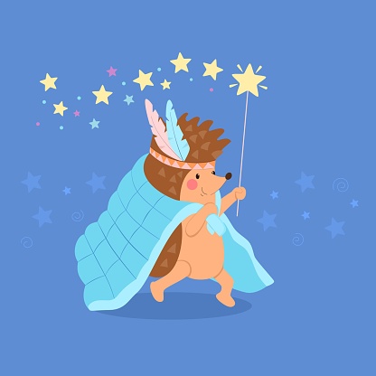 Cute hedgehog with stars and blanket.  Animal vector illustration for nursery, children. Can be used for t-shirt print, postcard, wall decoration.