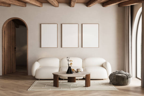 Mockup frame in interior background, room in light pastel colors, Scandi-Boho style