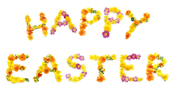 word text happy easter from fresh picked yellow, pink and orange flowers