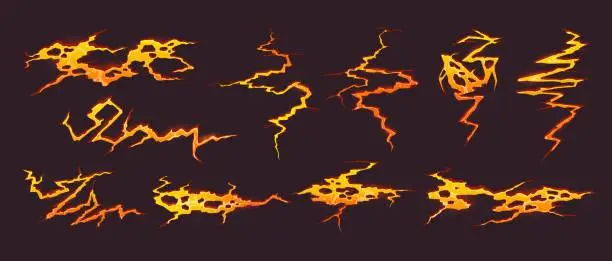 Vector illustration of Cartoon volcano lava or magma fire, ground cracks