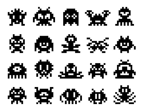 Arcade game pixel monsters characters. 8 bit retro pixel art game asset. PC game alien, 8bit arcade square pixel creature or retro gaming electronic robot vector icon, old videogame cubic monsters set