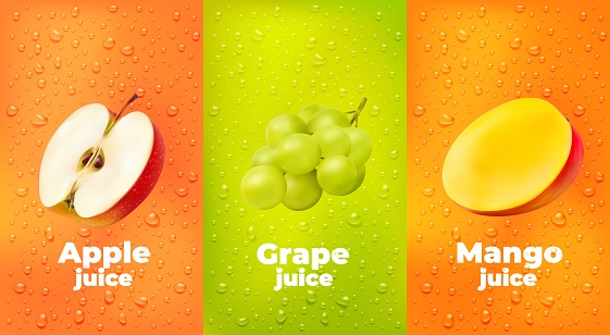 Water drops juice background with apple, grape and mango fruits, vector product package. Realistic cut half apple, tropical mango and juicy grapes with water drops splash background for juice or food