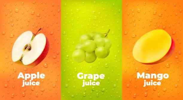 Vector illustration of Water drops juice background, apple, grape, mango