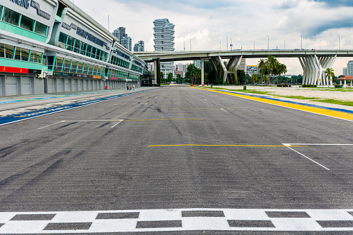 The start and finish straight and pit lane of the Marina Bay Street Circuit. When not used for motor races, the venue is a public access park in the city.