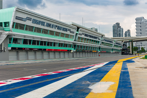 The start and finish straight and pit lane of the Marina Bay Street Circuit. When not used for motor races, the venue is a public access park in the city.