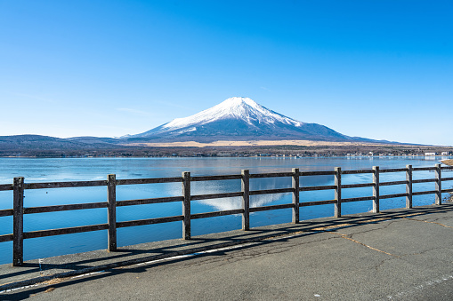 Mt. Fuji seen from Lake Yamanaka in the early winter morning