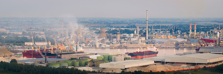 Drone view of industrial and port area of Ravenna,production district is made up of a chemical and petrochemical pole, thermoelectric and metallurgical plants.