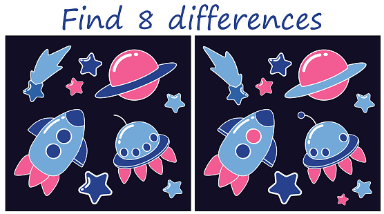 Logic puzzle game. Find 8 differences in space themed pictures on a dark blue background. Vector illustration for activity book.