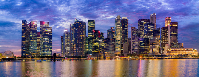 Panoramic view of the central business district and Marina Bay area of Singapore City at dusk