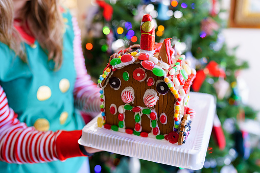 A kid made colorful Gingerbread house with Christmas tree in background.  All the fun of cookie treats with sweet icing and brightly colored candies all decorating the two Gingerbread men's home.  Festive lights from the Christmas tree are seen in the background add the warmth of the holidays.