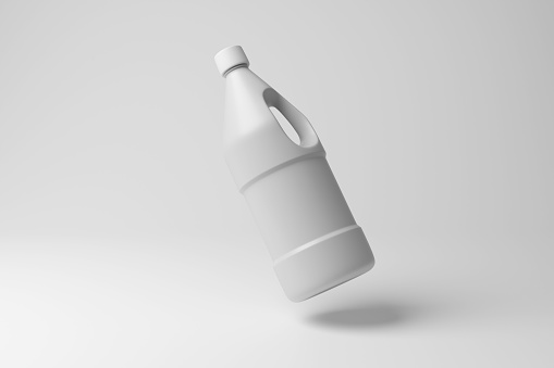 White bleach bottle floating in mid air on white background in monochrome and minimalism. Illustration of the concept of laundry and clothes washing