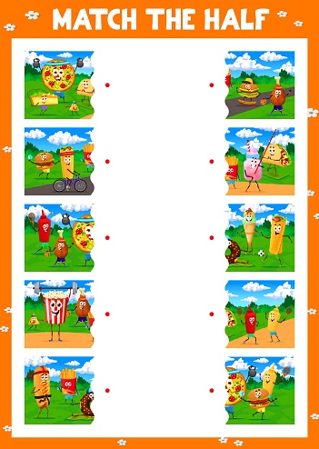 Match the half of cartoon fast food characters on sport vacation. Fragment match kids game vector worksheet with pizza, cake, burger and ice cream, popcorn, donut meal funny personages doing sports