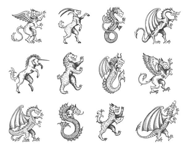 Medieval heraldic animals and monsters, heraldry Medieval heraldic animals and monsters, vintage heraldry or tattoo sketch vector creatures. Fantastic mythic animals heraldic icons of eagle griffin, unicorn and dragon, rampant lion, bear and goat gryphon coat pic stock illustrations