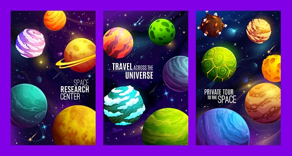 Cartoon outer space planets posters. Space adventure, galaxy research or astronomy science vector flyer. Universe discovery and travel vertical poster or banner with alien galaxy fantastic planets