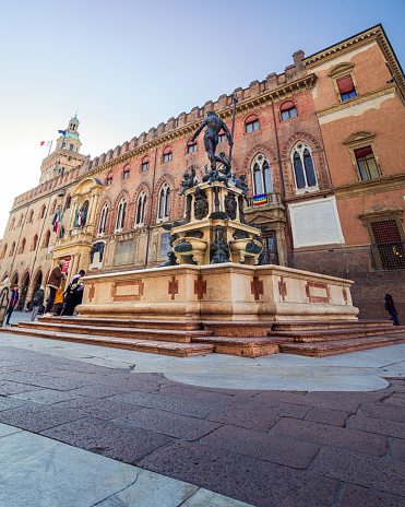 The Fountain of Neptune. A monumental civic fountain located in the Piazza del Nettuno square, next to Piazza Maggiore, in Bologna, Italy. The fountain is a model example of Mannerist taste of the Italian courtly elite in the mid-sixteenth century.