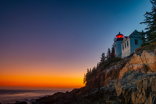 landscape of sunset scenery of bass harbor lighthouse in Maine
