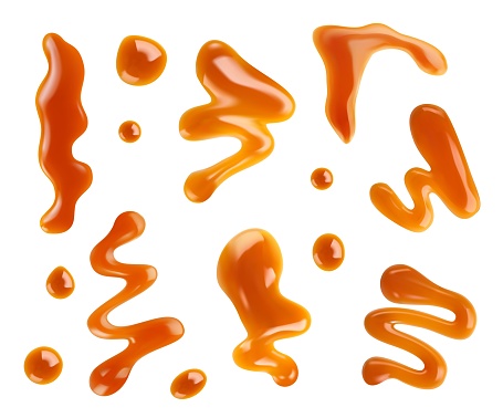 Caramel syrup swirl splash, drip and stains. Isolated 3d vector set of melted liquid toffee candies flowing and dripping, with droplet. Confectionery topping with glossy texture, isolated objects