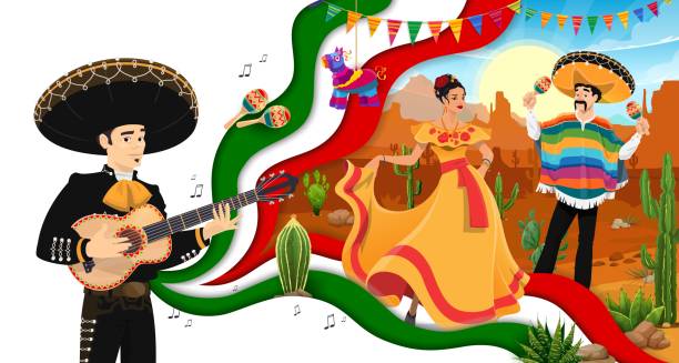 멕시코 여행 종이 컷 배너, 마리아치 뮤지션 - mexico mexican culture carnival paper stock illustrations