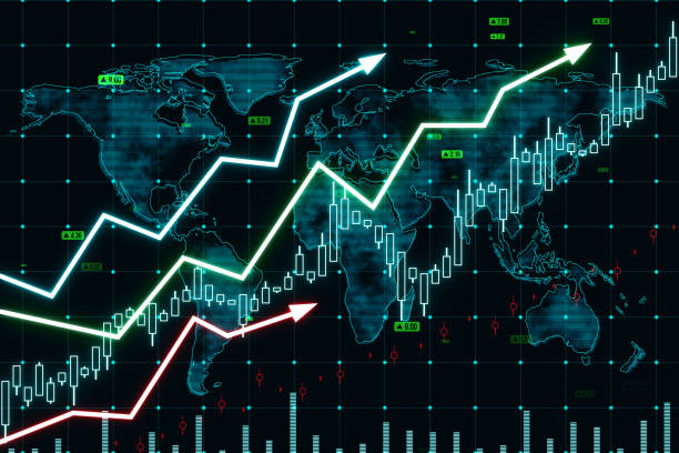 istock Growing upward arrows, map and forex chart on dark background. Global trends, trading and finance concept. 3D Rendering. 1902638009