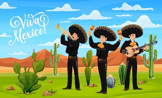 Viva Mexico banner with Mexican mariachi musicians in Mexican desert, vector background. Mexican music band men in sombreros with guitar, maracas and trumpet playing mariachi music for holiday fiesta