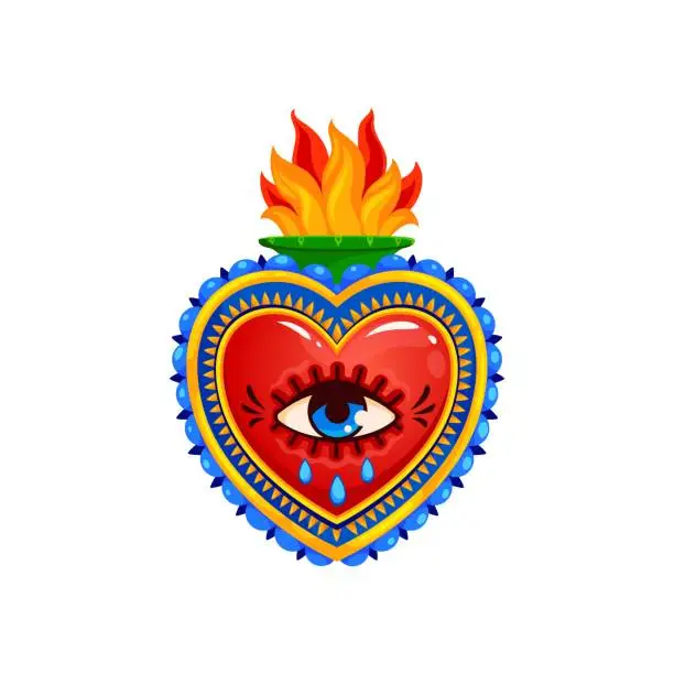 Vector illustration of Mexican sacred heart, burning flame and crying eye