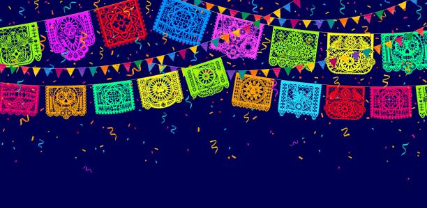 Mexican papel picado paper cut flags and banners Mexican papel picado paper cut flags and banners for holiday fiesta decorations, vector background. Papel picado flags garland with paper cut skull and flowers ornament with confetti for Mexican party mexican day of the dead stock illustrations