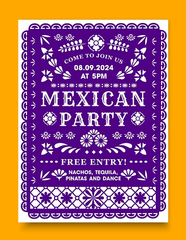 Mexican party flyer with papel picado paper cut flag. Vector ornate poster with white lettering and decor on purple background. Invitation for the celebratory event with free entry and tex mex food