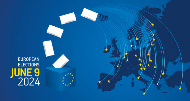 illustrations, cliparts, dessins animés et icônes de élections européennes du 9 juin 2024. bannière de campagne pour les élections politiques de l’ue sur fond bleu. élections européennes de 2024. étoiles de l’ue avec drapeau européen, carte, urne et bulletins de vote sur fond bleu - union européenne