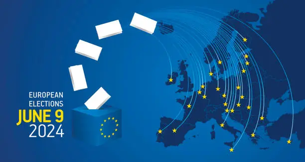 Vector illustration of European elections June 9, 2024. EU political elections campaign banner with blue background. EU Elections 2024. EU stars with European flag, map, ballot box and ballots on blue background