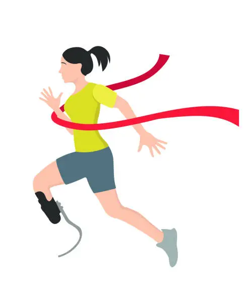 Vector illustration of A woman with a prosthetic leg came first to the finish line with a red ribbon.