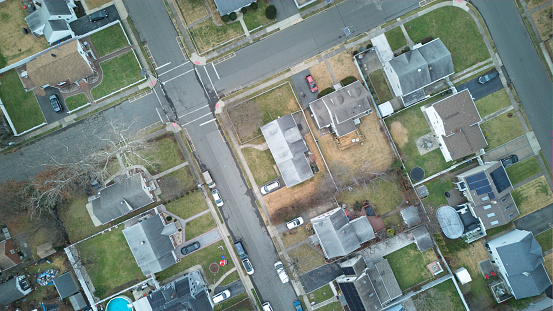 Homes in Middle Class neighborhood, drone point view.
