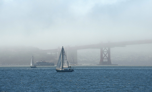 Sausalito, California, USA- August 12, 2023: Sailboats at San Francisco Bay in California, USA at a cloudy day