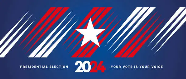 Vector illustration of Vote 2024 Presidential Election in USA, Political election campaign banner with blue background. USA Presidential Election 2024. USA star with american flag colors and symbols