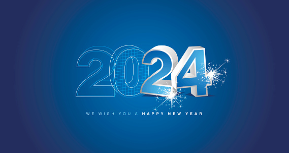 We wish you a happy new year 2024 eve. Architecture construction  from line drawing to 3d model numbers of 2024 with sparkle firework on blue background