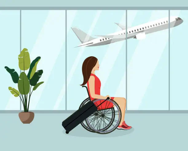 Vector illustration of A girl in a wheelchair with a suitcase at the airport goes on a trip