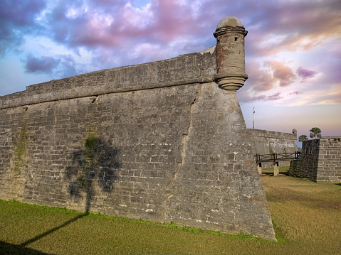 The Coquina stone built fort of Castillo De San Marcos national monument in Saint Augustine Florida. An ancient stone fort in America's oldest city.