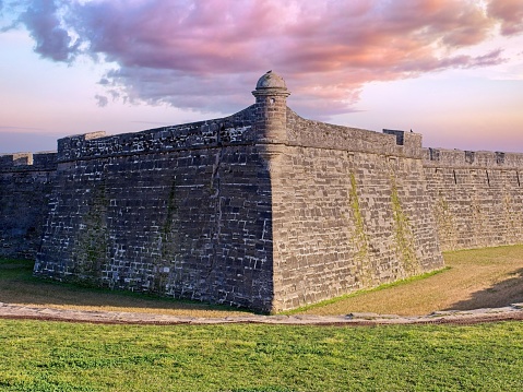 The Coquina stone built fort of Castillo De San Marcos national monument in Saint Augustine Florida. An ancient stone fort in America's oldest city.