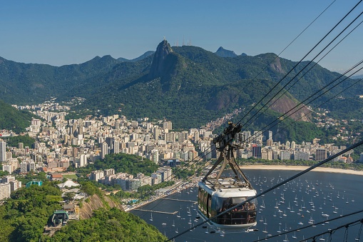 Rio de janeiro Brazil. 24.05.22. Sugarloaf Mountain Cable Car. Aerial view of the city. Morro da Urca, Yacht Club, Botafogo beach and marina, Corcovado hill and Christ statue.